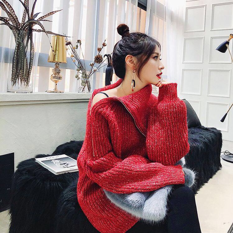 Áo len cổ lọ Ulzzang có khoá kéo mở cổ kiểu phong cách hàn xẻng
