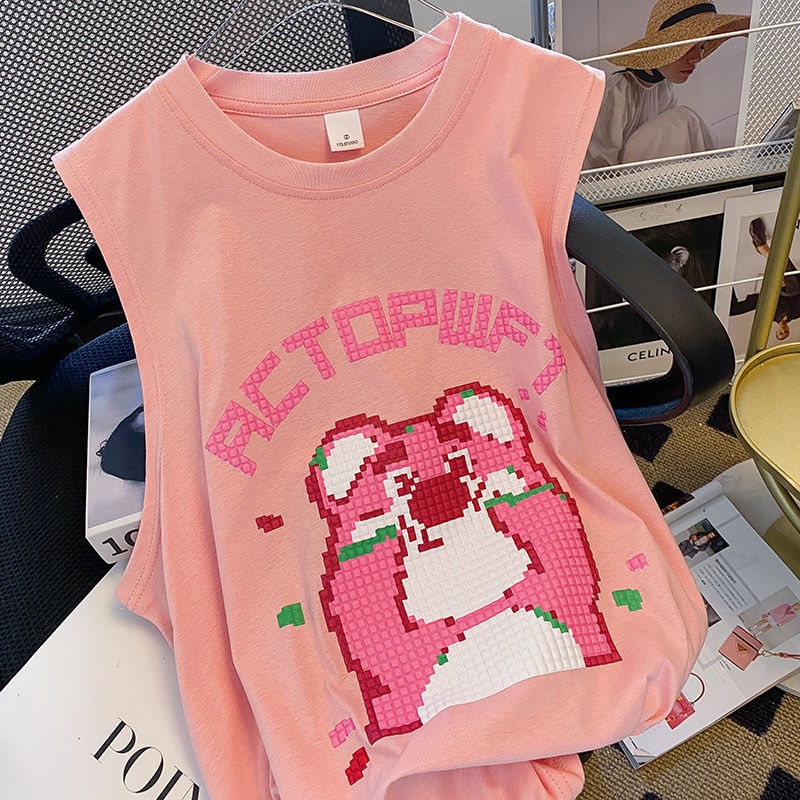 Áo không tay nữ Cổ Tròn Họa Tiết Hoạt Hình Phong Cách Hàn Quốc Thời Trang Mùa Hè
