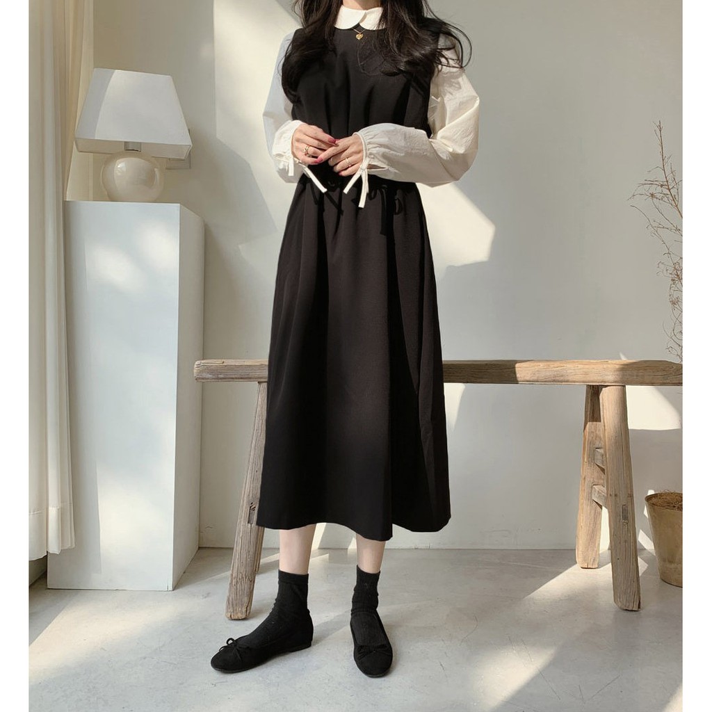 32523 Bộ Áo Sơ Mi Dài Tay Cổ Búp Bê + Đầm Yếm Trơn Màu Xinh Xắn Dành Cho Nữ