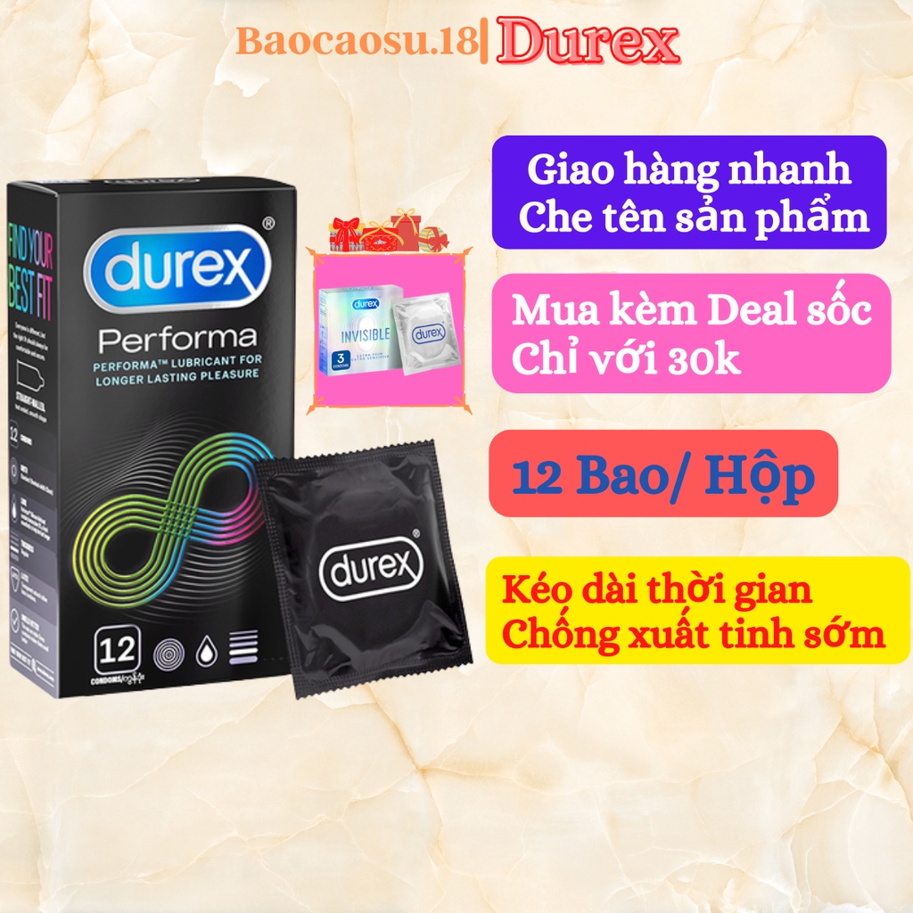 Bao cao su kéo dài thời gian quan hệ Durex Performa 12s. Chống xuất tinh sớm, kéo dài thời gian quan hệ, tăng ham muốn.