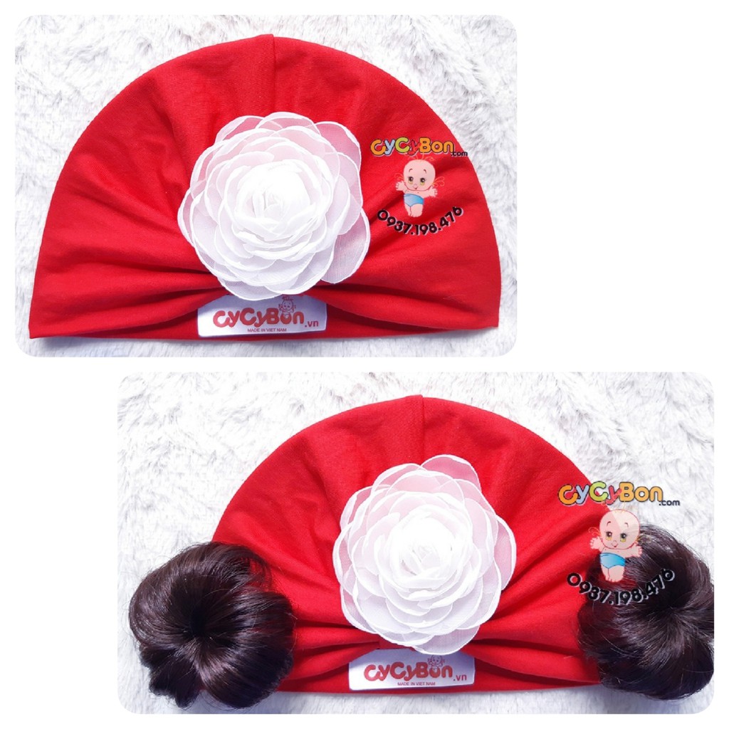 Mũ Nón Turban Tóc Giả Cho Bé Gái Màu Đỏ Đính Bông Hồng Trắng Chất Vải Cotton Co Giãn Có Size Sơ Sinh!
