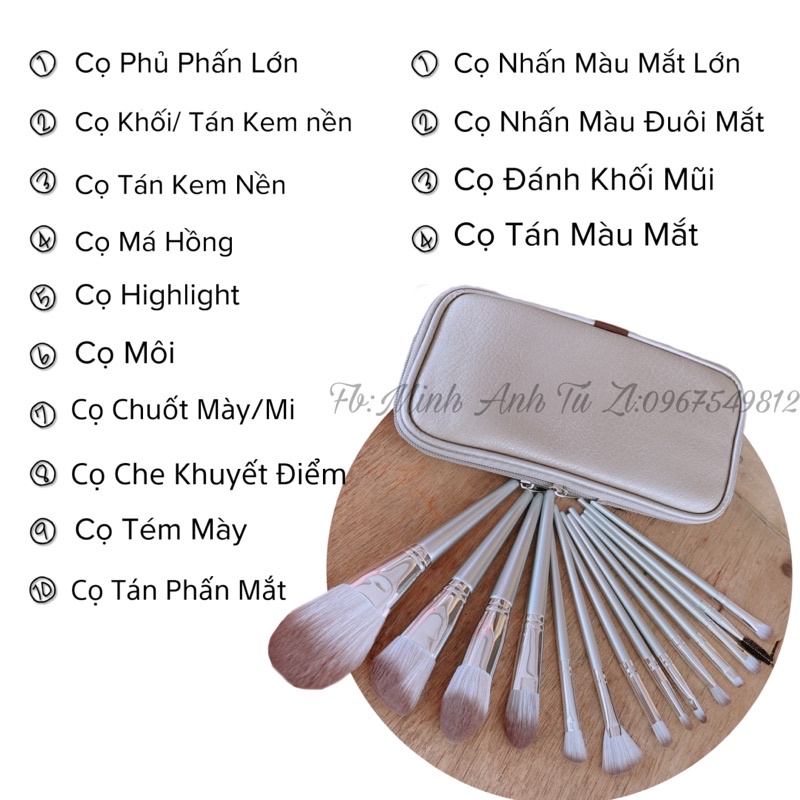 Bộ Cọ Trang Điểm Cán Bạc Cao Cấp Lông Siêu Mịn 14 Cây Kèm Bao Da