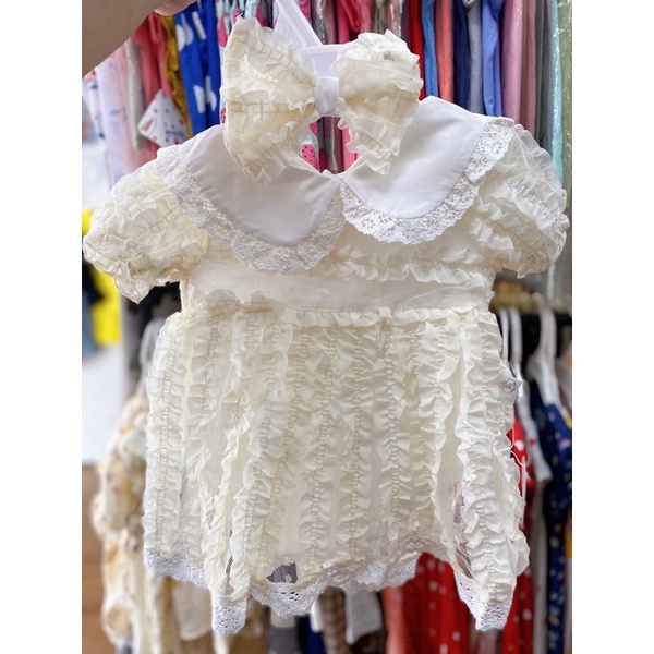 Set đầm ren/ body hoa Bigbaby màu trắng và kem cho bé gái 3-18M