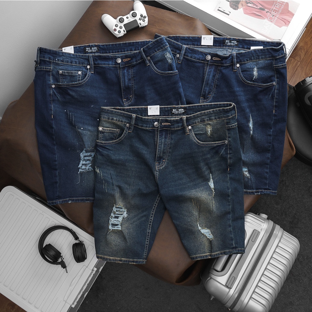 Quần short jean nam bigsize 80kg -130kg - xanh đậm rách, rách chấm