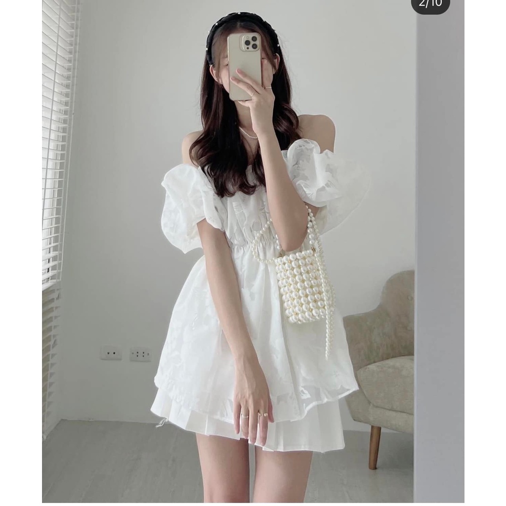 [Sẵn] Áo Trễ Vai Tay Phồng Hoa Chìm Chiết Eo Tiểu Thư