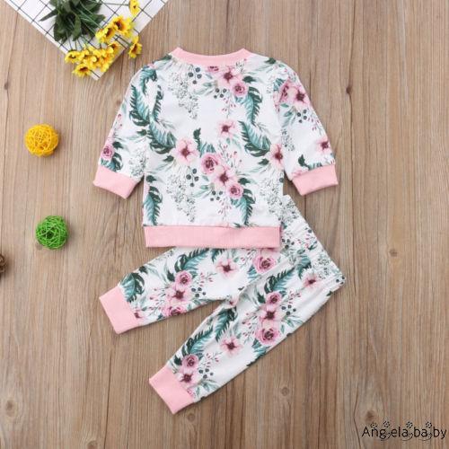 Set Áo Thun Tay Dài + Quần Legging In Họa Tiết Hoa Lá Dễ Thương Cho Bé Gái