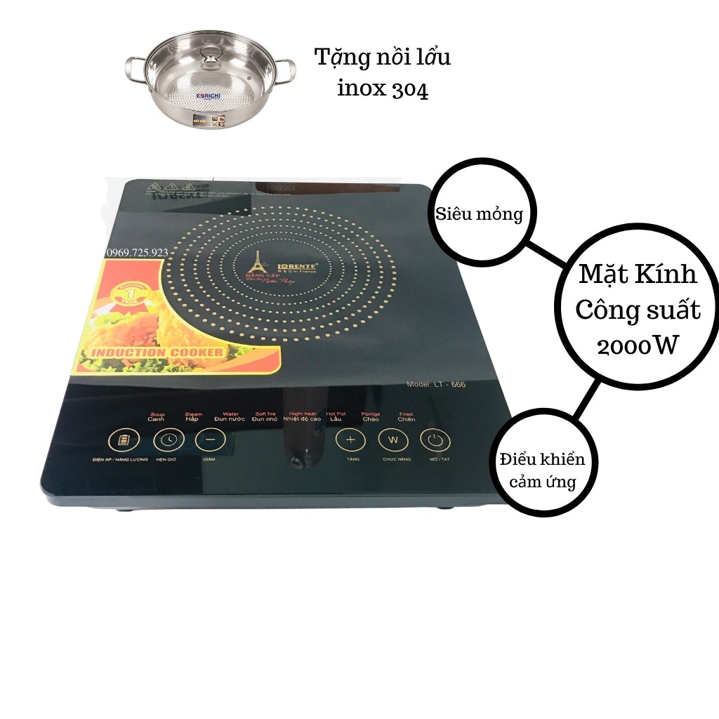 🎁Tặng Nồi Lẩu Inox 304-Bếp Từ Đơn Lorente LT 666- Điều Khiển Cảm Ứng- Mặt Kính Cao Cấp-BH 12 Tháng