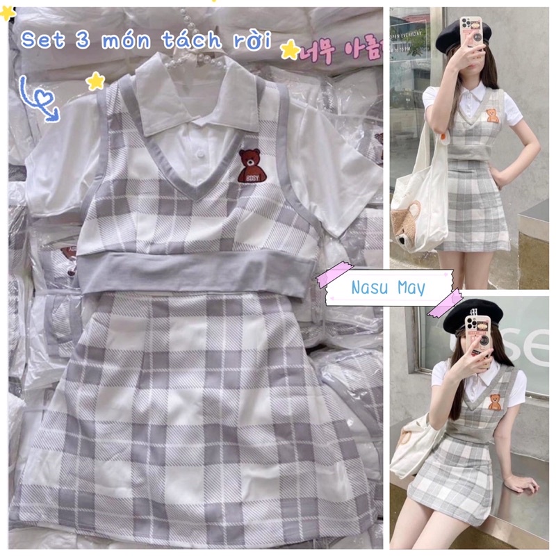 Set 3 Món Kẻ Caro Gấu Hàn Quốc 🦋 Áo polo croptop + áo gile + chân váy ngắn chữ a 🦋 - Hàng nhập khẩu