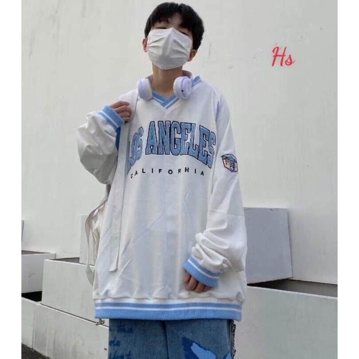 áo nỉ dài tay cổ V viền xanh hs sweater