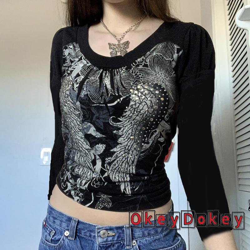 Áo croptop tay dài cổ tròn in hình cánh thiên thần phong cách vintage cho nữ