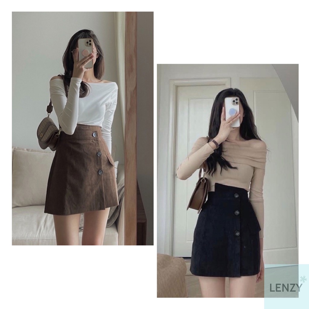 Chân váy vạt chéo nhung tăm cao cấp vintage - Lenzy Store - V001