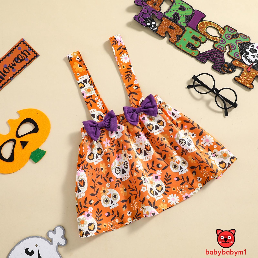 Bộ 3 Món Áo + Chân Váy + Băng Đô In Họa Tiết Hoa / Đầu Lâu Halloween Cho Bé Gái