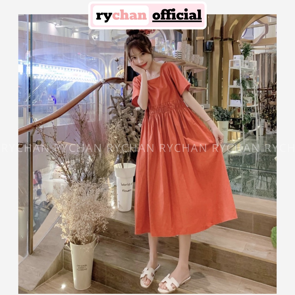Đầm Xòe Cam Cổ Vuông Nhún Eo Nơ Sau - DX864