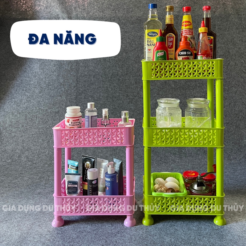 Kệ nhựa chữ nhật 3 tầng, 2 tầng đa năng dùng làm kệ đựng mỹ phẩm, kệ nhà bếp màu đỏ, lá, ngọc, hồng, dương nhựa PP dày