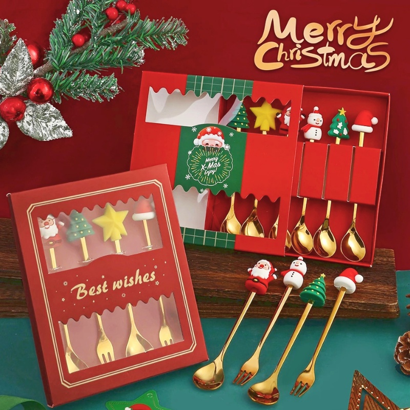 Set 4 / 6 Muỗng Nĩa Hình Ông Già Noel Hoạt Hình Dễ Thương Trang Trí Bàn Ăn