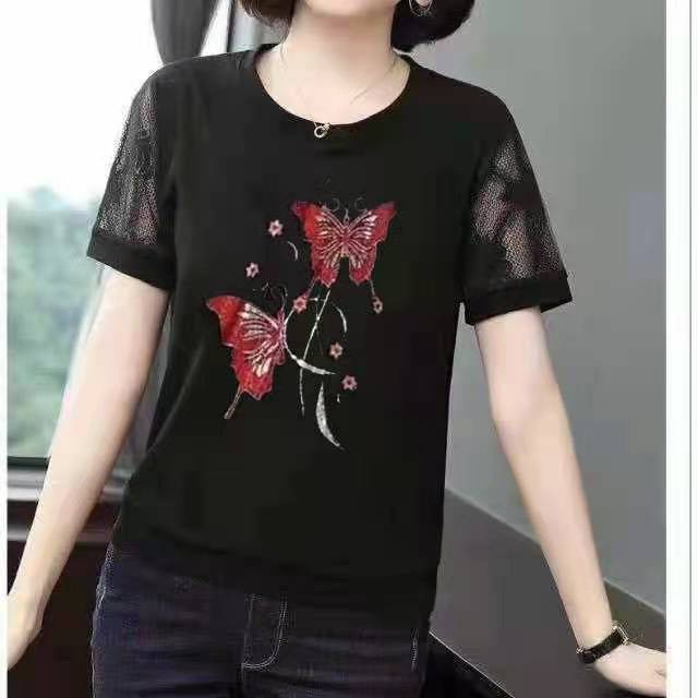 Áo Thun Tay Ngắn Màu Đen Phối Lưới Thiết Kế Cỡ Lớn Thời Trang Trẻ Trung Cho Nữ