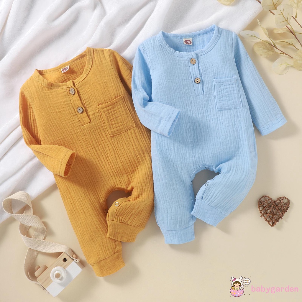 Bộ Áo Liền Quần Tay Dài Cổ Tròn Màu Trơn Có Túi Dành Cho Bé Trai