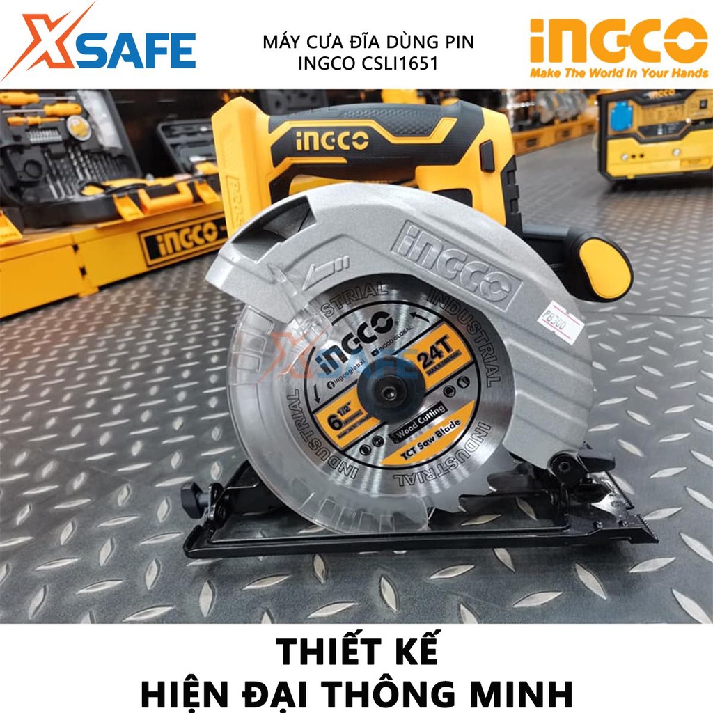 Máy cưa gỗ cầm tay dùng pin 20V INGCO CSLI1651 Máy cưa đĩa đường kính 165mm, tốc độ 3800rpm, khả năng cắt tối đa 55mm