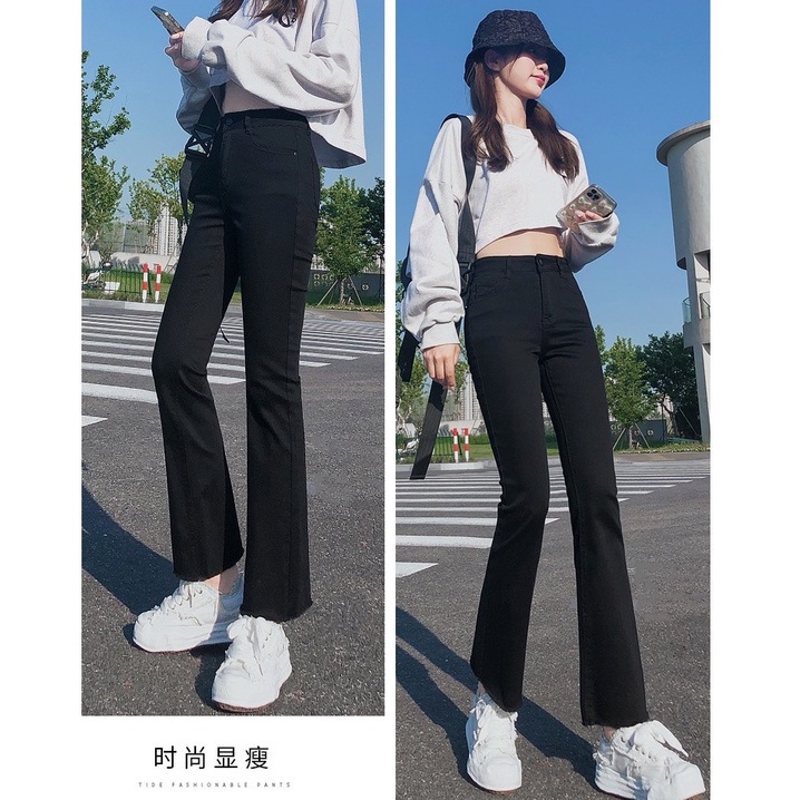 Quần Bò Nữ Ống Loe Đen May Gấu Và Tua Gấu MIAA Quần Jeans Cạp Cao Co Giãn Siêu Hack Dáng