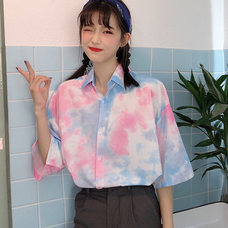Áo Sơ Mi Tay Ngắn Phối Màu Loang Độc Đáo Phong Cách Retro Hàn Quốc