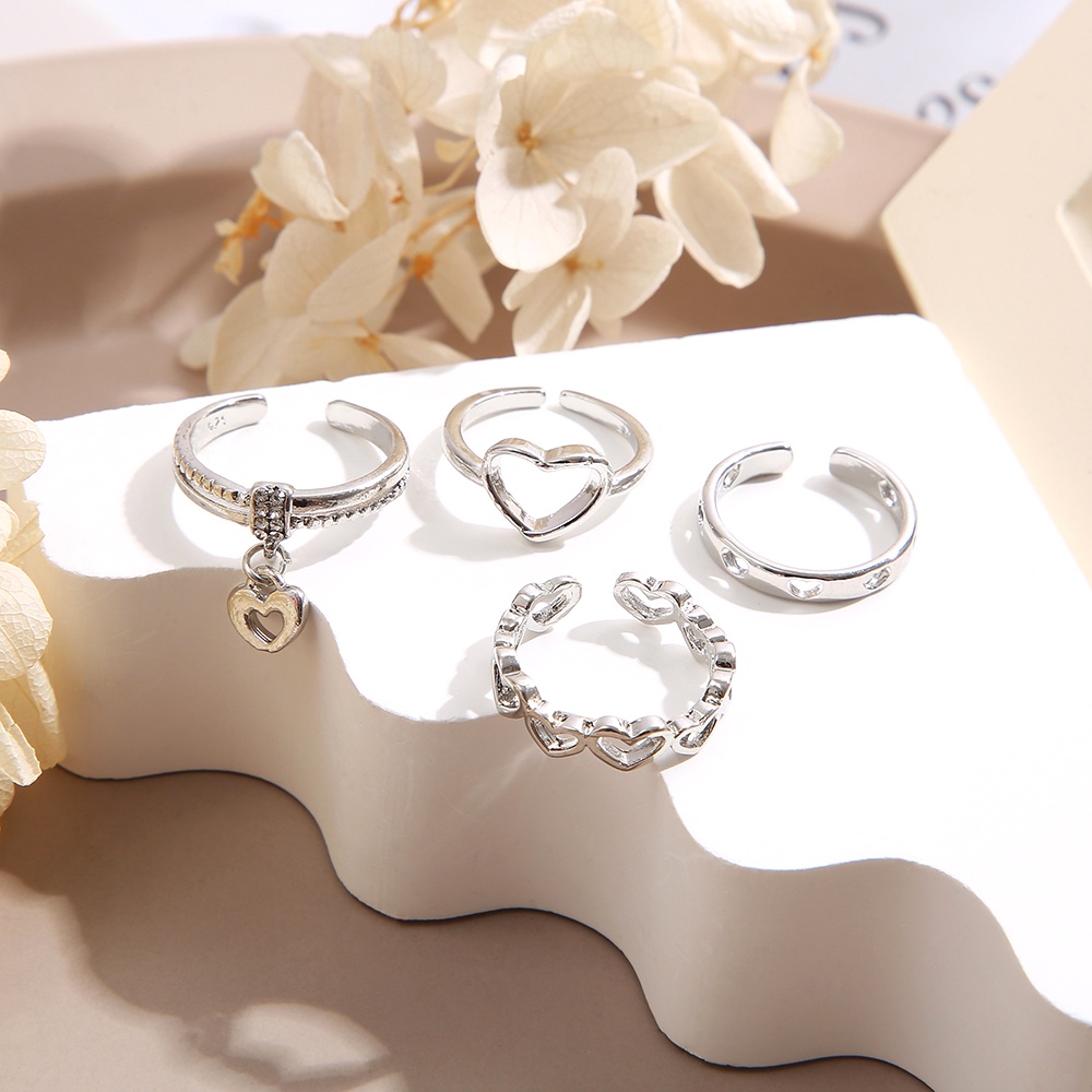 Set 4 Nhẫn Bạc Đính Đá Pha Lê Hình Trái Tim