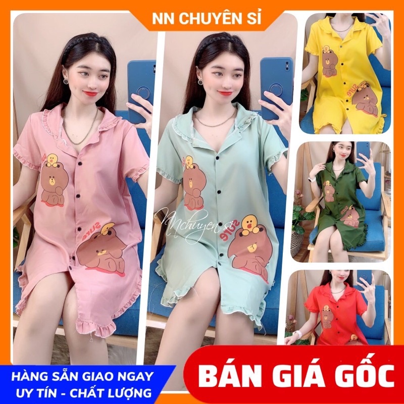 Đầm nữ mặc nhà phom rộng chất vải mềm mịn mát in hình gấu in hoạt hình dễ thương D853