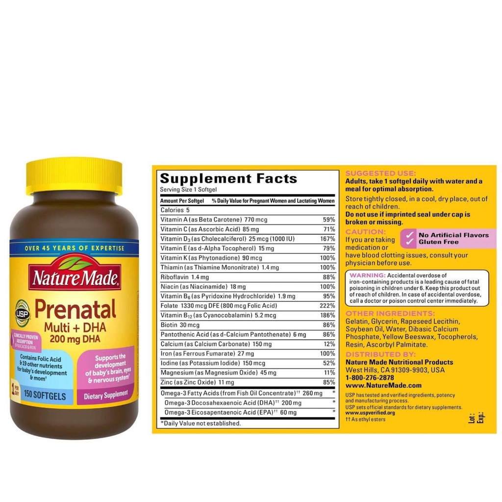 Vitamin bà bầu, Vitamin tổng hợp Bầu Mỹ Nature Made Prenatal Multi + DHA 150 viên