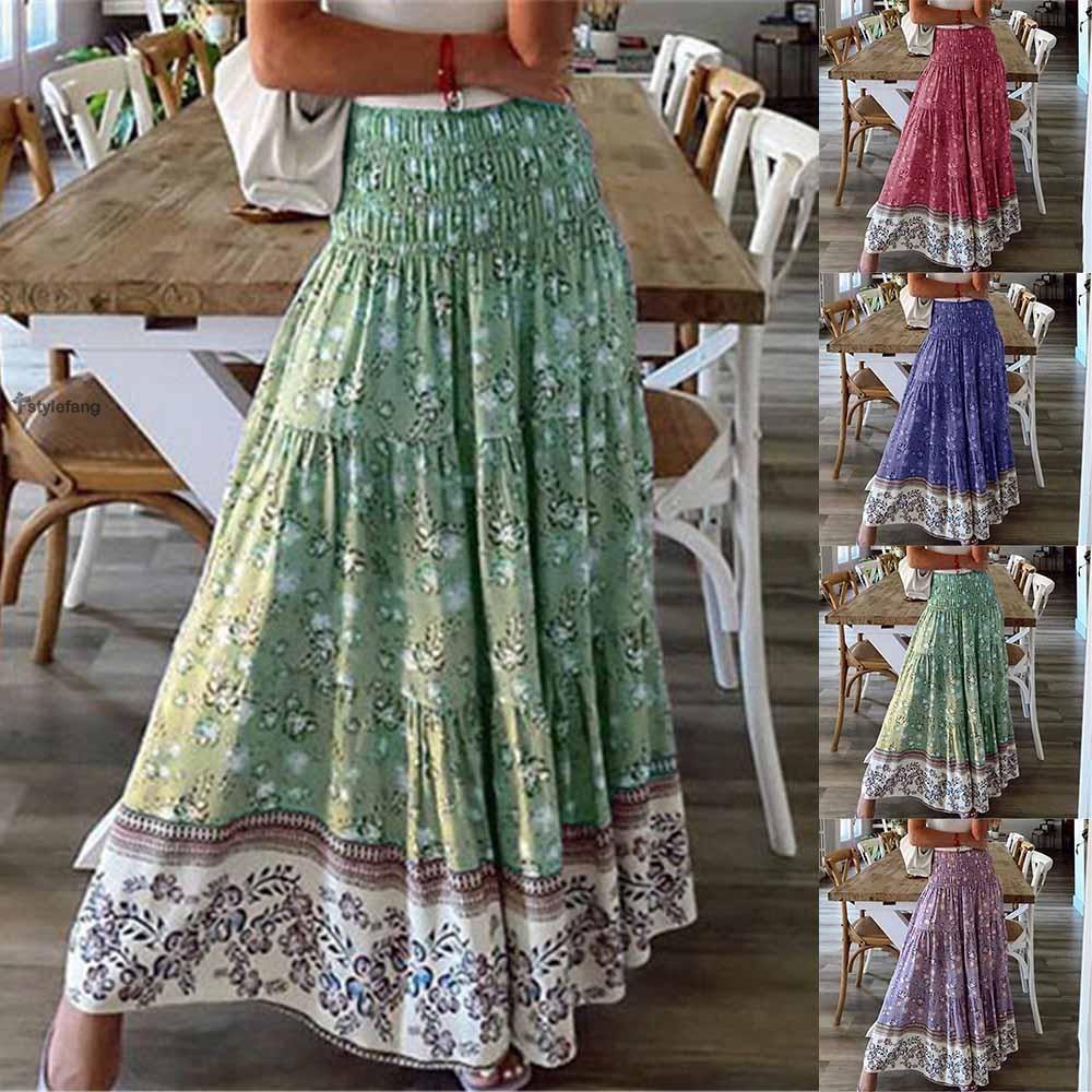 Chân Váy Maxi Lưng Cao Xếp Li In Họa Tiết Hoa Phong Cách Boho Plus Size