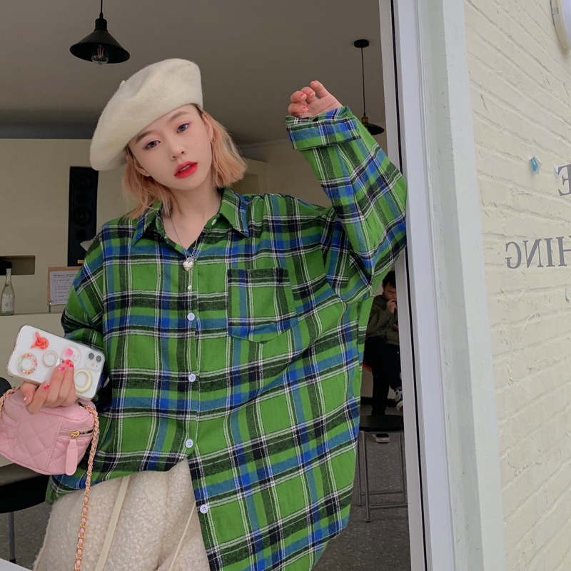SUXI Áo Sơ Mi Nữ Tay Dài Dáng Rộng Họa Tiết Caro Phong Cách Hàn Quốc