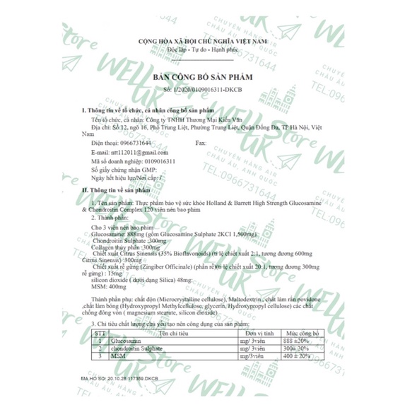 UK-  Viên uống hỗ trợ cải thiện Xương Khớp Glucosamine Joint care Lọ 120 viên