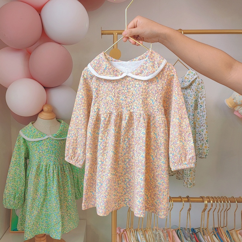 Đầm công chúa IQ ANGEL tay dài cổ búp bê họa tiết hoa dễ thương cho bé gái