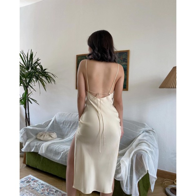 [Mã 44FASHIONSALE408 giảm 10K đơn 50K] Đầm maxi 2 dây lụa satin dây lưng sexy quyến rũ form dài xẻ tà đi biển | WebRaoVat - webraovat.net.vn