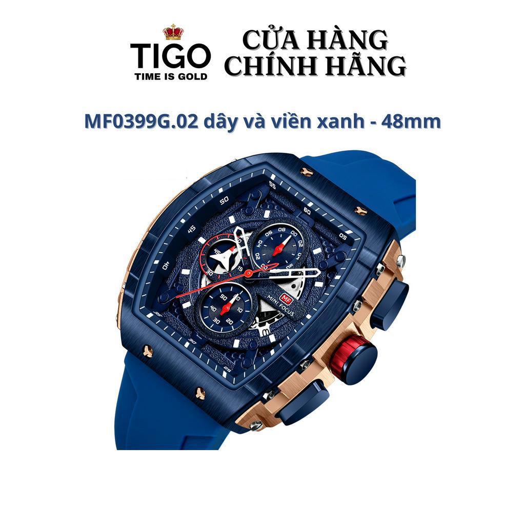 Đồng Hồ Nam MINI FOCUS MF0399G.02 Dây Silicone Xanh Viền Xanh Thép Không Gỉ Cao Cấp Mặt Vuông Kích Thước 48mm Chống Nước
