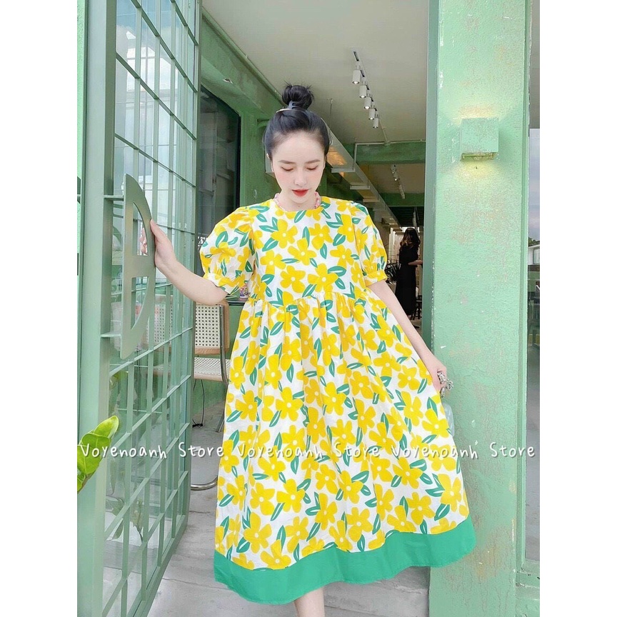 đầm bông lụa bản to cổ tròn ngắn tay