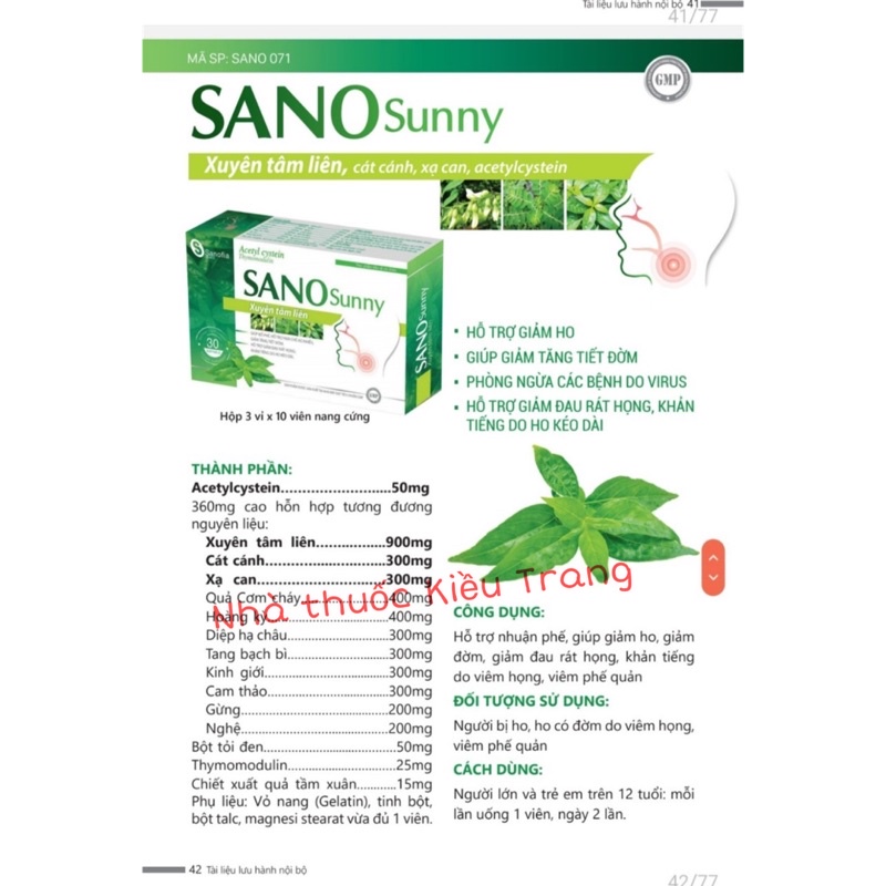 Sano Sunny - Với thành phần Xuyên Tâm Liên kết hợp cùng Acetylcystein, giảm ho, giảm đau rát họng, khản tiếng do kéo dài