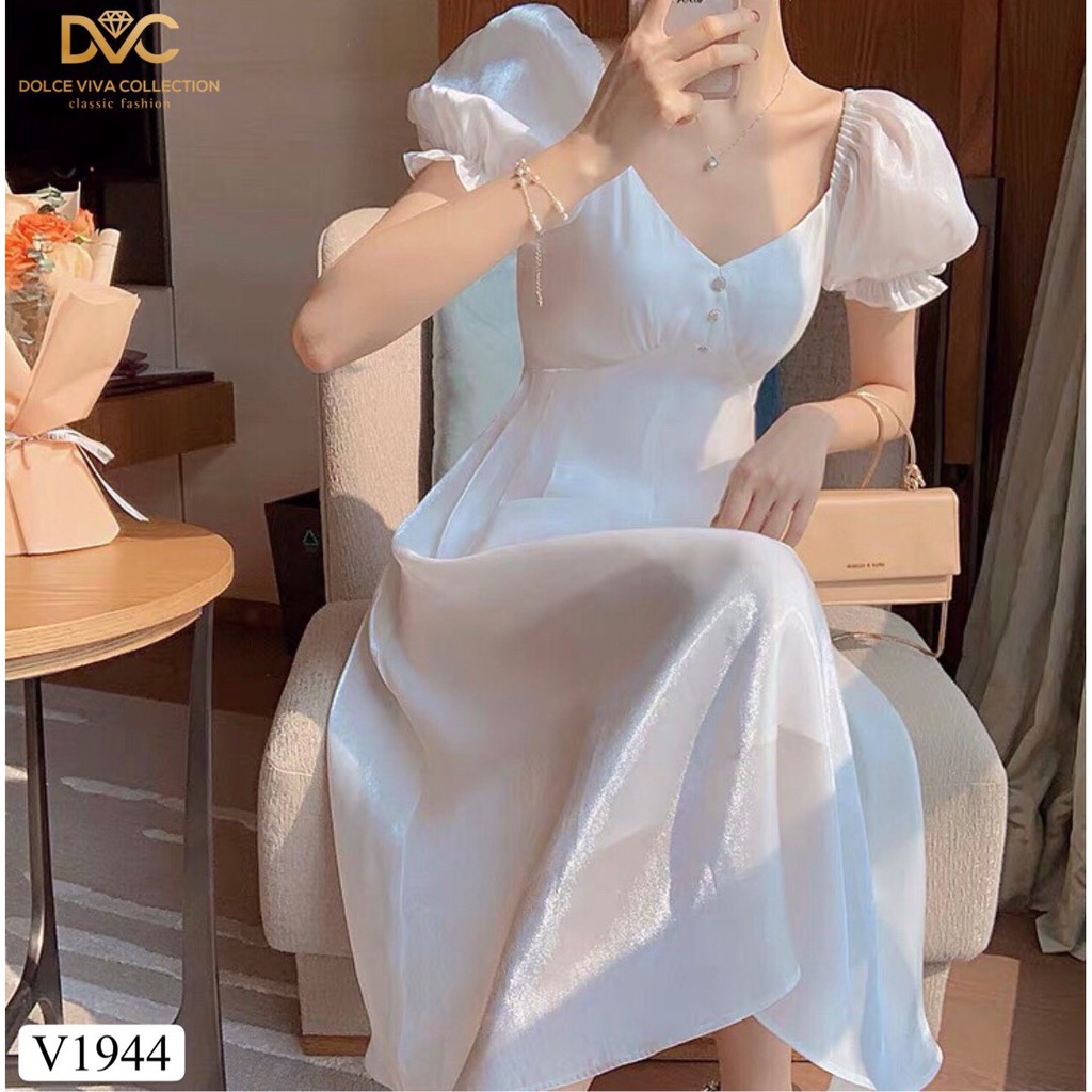 Váy trắng xòe tay bồng thiết kế V1944  - Đẹp Shop DVC (Kèm ảnh thật trải sàn do shop tự chụp)