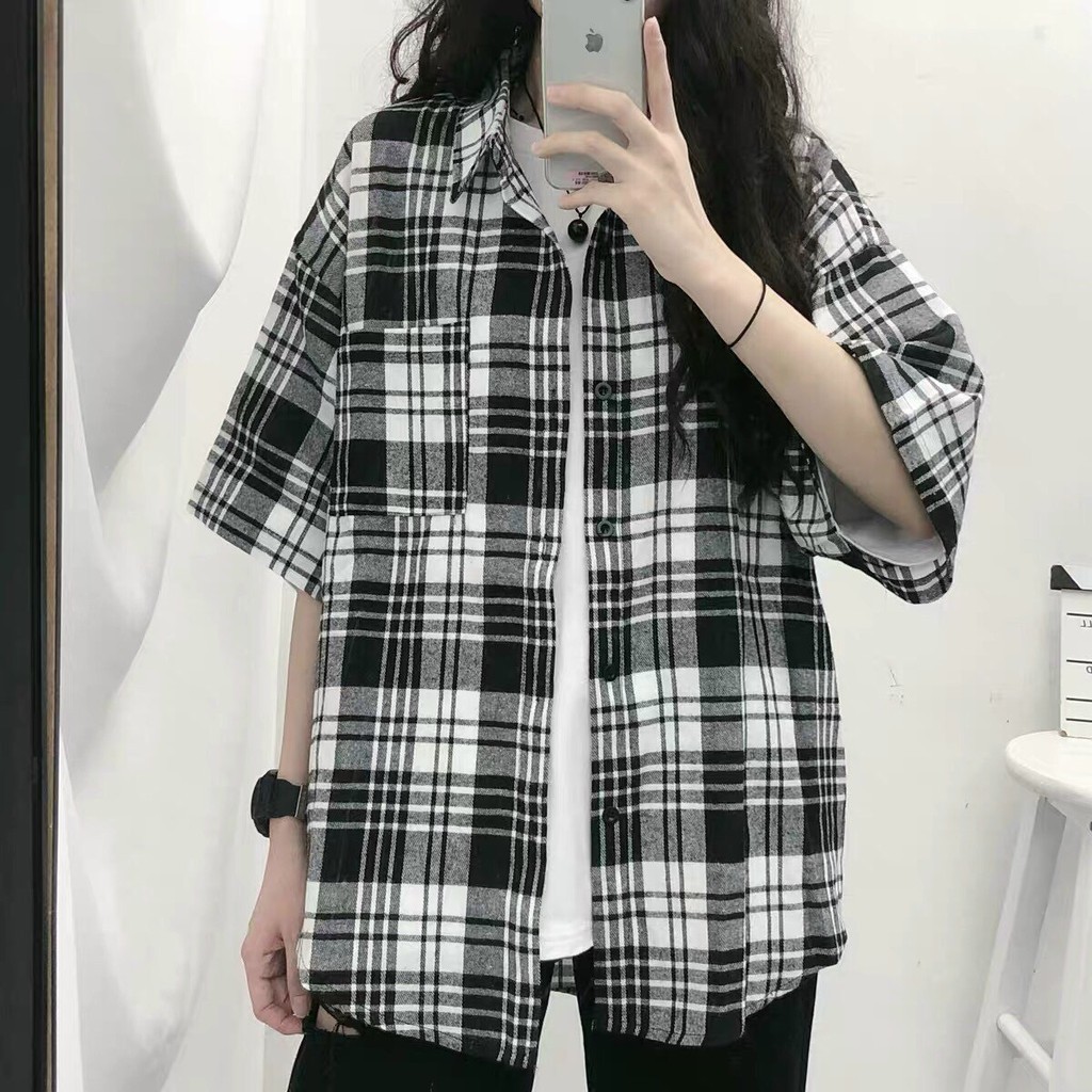 Áo khoác nhẹ kiểu dáng sơ mi kẻ cộc tay form rộng unisex thời trang Hàn Quốc