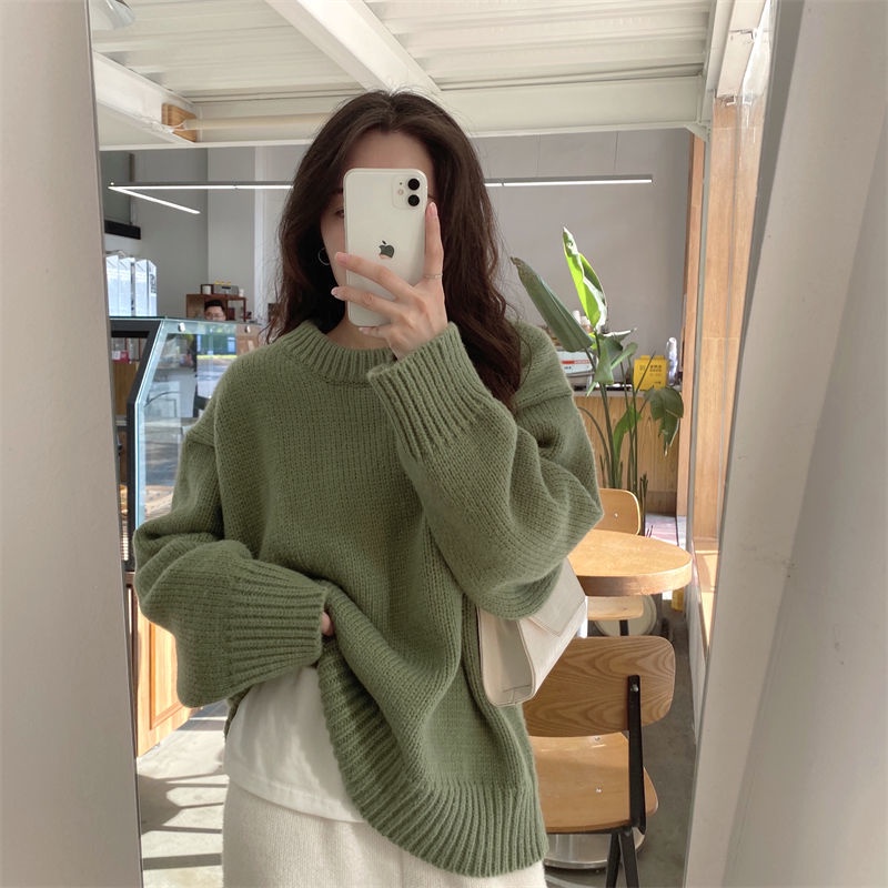 Áo Sweater Dệt Kim Dáng Rộng Cổ Tròn Màu Xanh Lá Kiểu Nhật Bản Có Đế Bên Ngoài