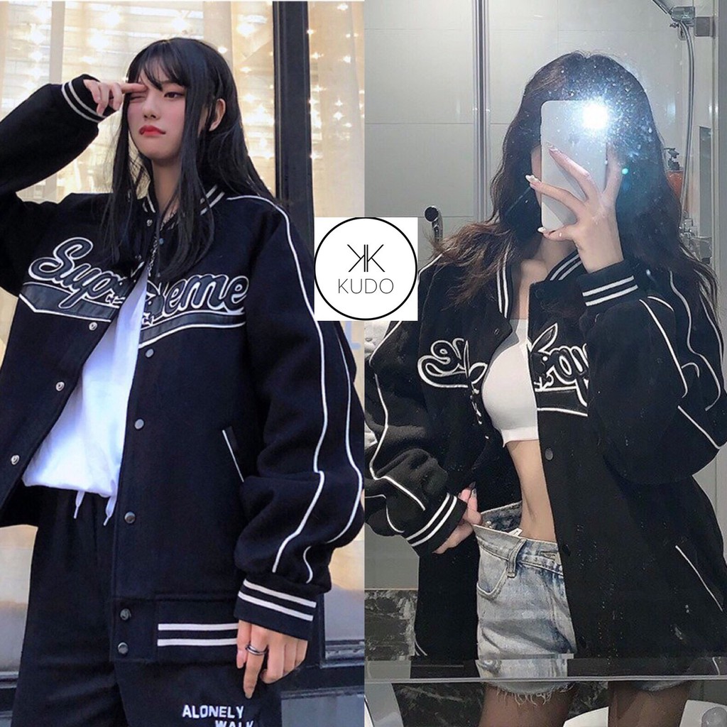 Áo khoác bomber super nam nữ giá rẻ khỏe khoắn thời trang/ áo bomber 2 sọc cúc bấm rabbit màu đen unisex