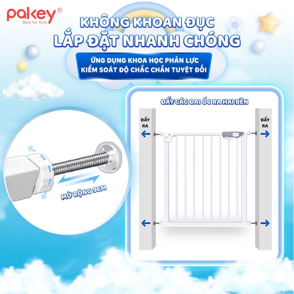 Thanh chắn cửa, chắn cầu thang không khoan tường an toàn cho trẻ nhỏ Pakey bảo hành 1 năm