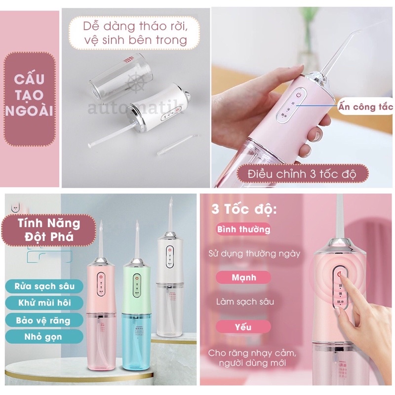 Máy tăm nước vệ sinh răng miệng kèm 4 đầu phun ngăn đựng nước tháo rời dễ dàng vệ sinh