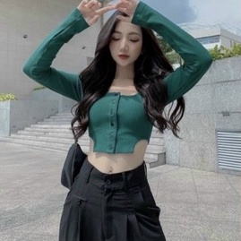 Áo kiểu tay dài croptop hàng nút khoét 2 bên eo cực xinh , chất thun bozip mềm mịn