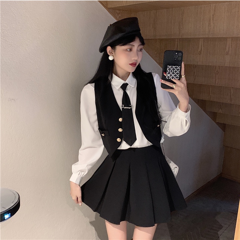 Set áo sơ mi trắng tay dài kèm cà vạt + vest gile croptop không tay + váy ngắn lưng cao xếp ly nâu đen ulzzang