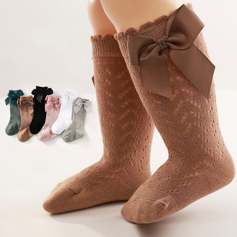 1 Đôi Tất Dệt Kim Cổ Cao Phối Ren Lưới Đính Nơ Dễ Thương Cho Bé Sơ Sinh