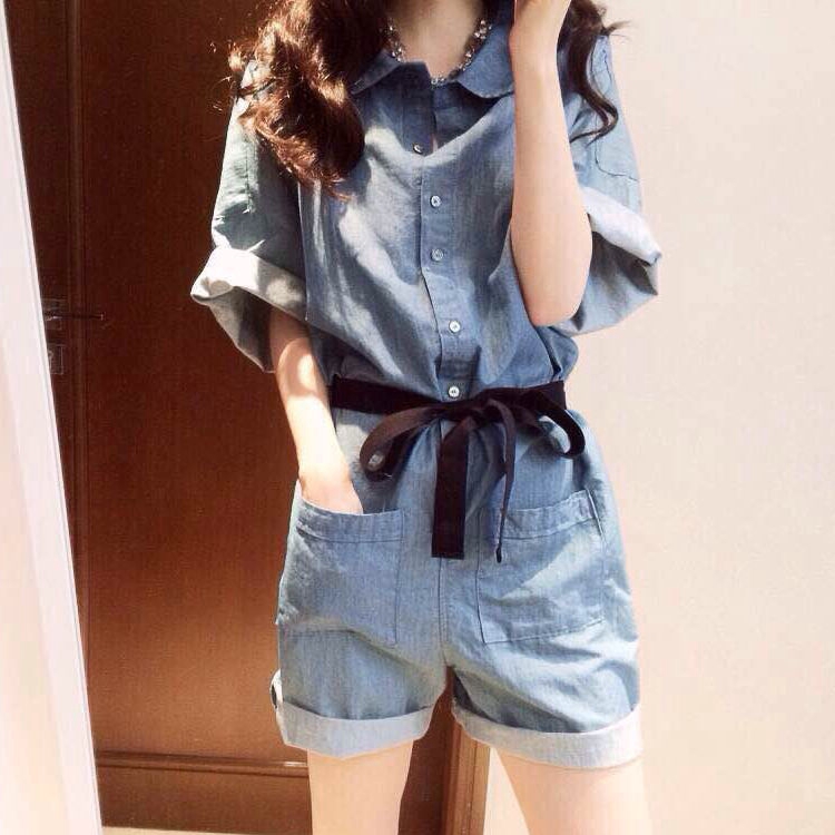 Quần Short Denim Lưng Cao Kiểu One Piece Cá Tính Cho Nữ