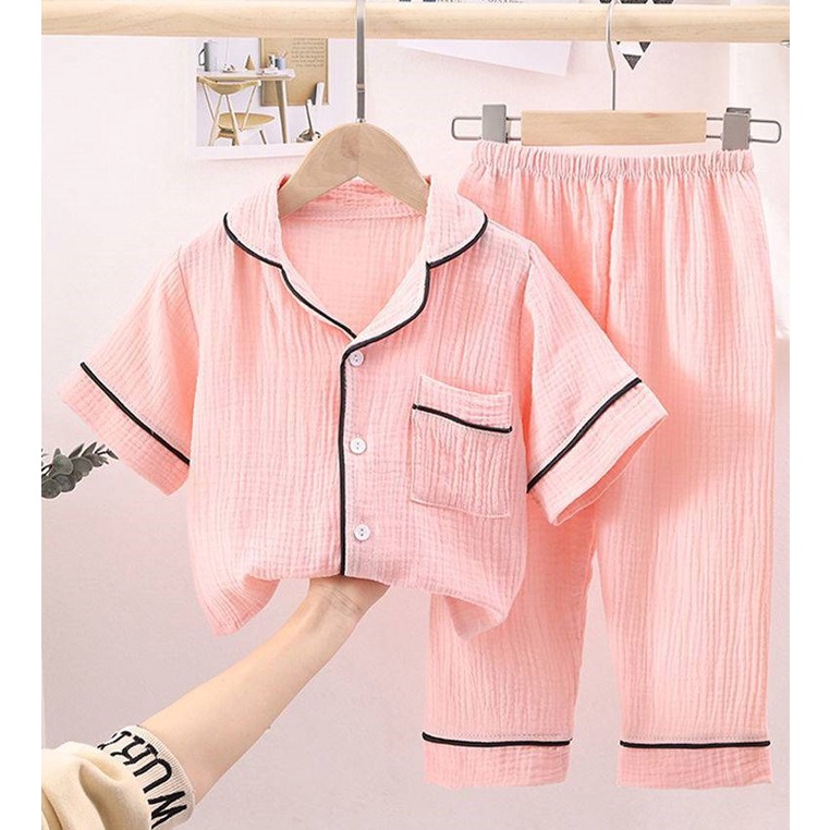 Đồ Bộ Pijama Chất Đũi Nhăn Cao Cấp Cộc Tay Cho Bé, Đồ Ngủ Bé Gái Từ 6-28kg - MINKY SOON