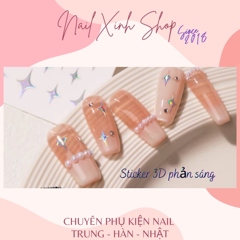Sticker laser nail 3D tim / chữ / hoa hồng … phản sáng tốt