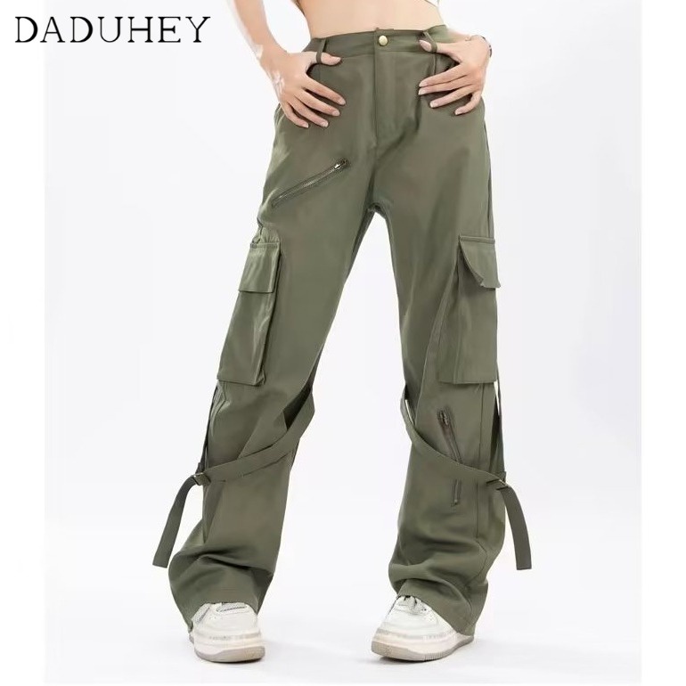 DaDuHey Men's and Women's Fashionable Solid Color Multi-Pocket Cargo Pants Loose Street All-Matching Retro Casual Pants