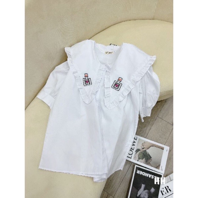 Áo sơ mi nữ bánh bèo họa tiết in logo xinh xắn, áo sơ mi nữ cổ thuyền cánh sen 🍀🍀🍀Pc877
