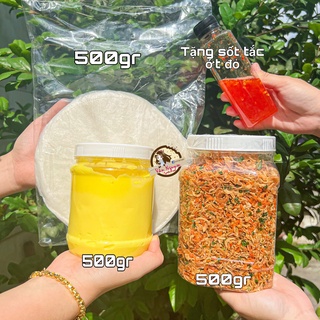 Combo size đại tặng sốt tắc ớt đỏ. bánh tráng vân nguyễn. bánh tráng phơi sương 500gr, muối tép hành phi 500gr, bơ 500gr